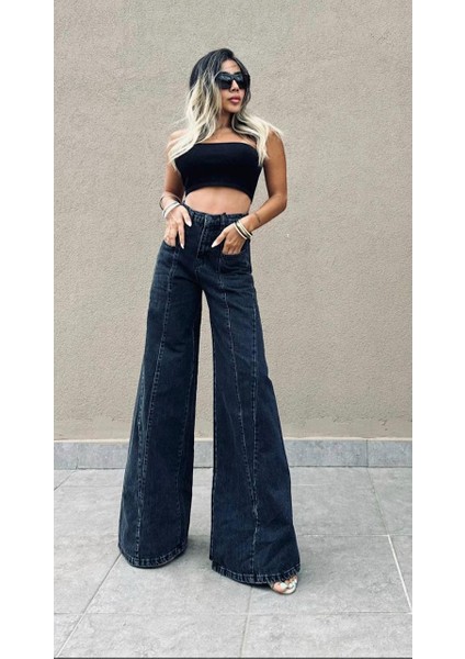 Bol Paça Kadın Jean Pantolon 40344 Siyah