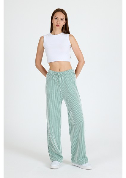 Yeşil Beli Lastikli Çizgili Geniş Paça Dokuma Pantolon 4098