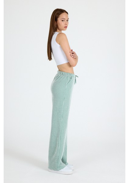 Yeşil Beli Lastikli Çizgili Geniş Paça Dokuma Pantolon 4098 fiyatları
