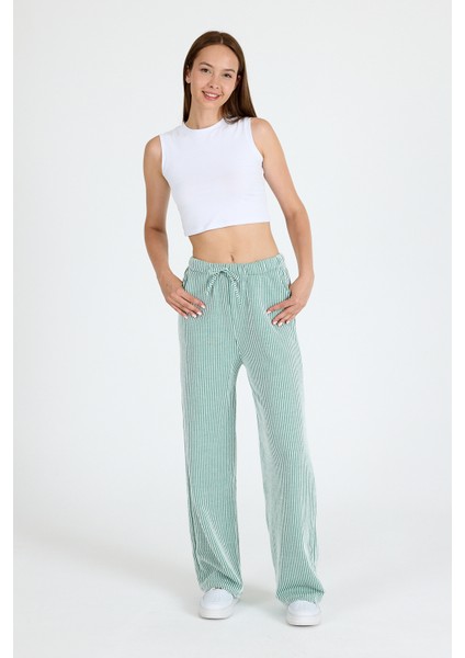 Yeşil Beli Lastikli Çizgili Geniş Paça Dokuma Pantolon 4098 modelleri