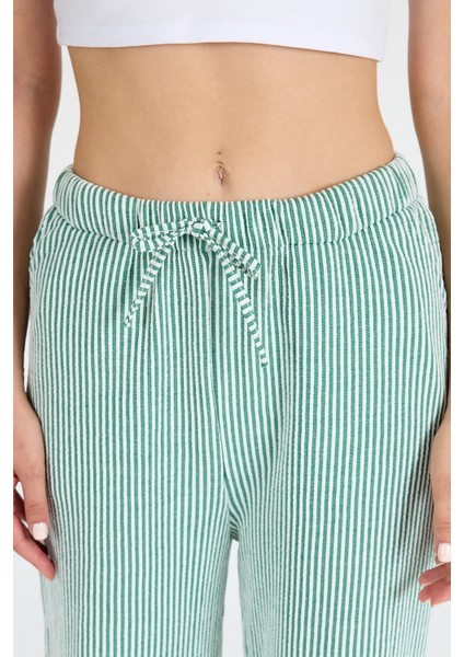 Yeşil Beli Lastikli Çizgili Geniş Paça Dokuma Pantolon 4098 fırsatları