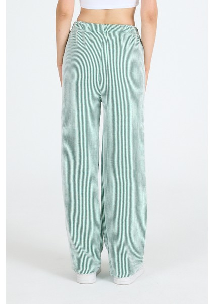 Yeşil Beli Lastikli Çizgili Geniş Paça Dokuma Pantolon 4098 indirimleri