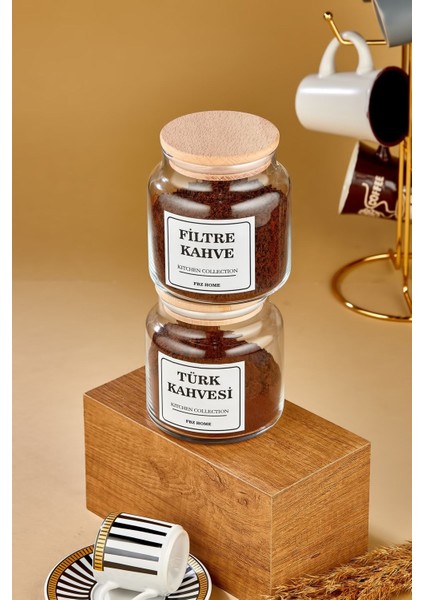 2'li Ahşap Kapaklı Filtre ve Türk Kahvesi Saklama Kabı 500 ml Cam Kavanoz modelleri