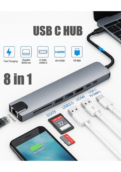 USB Type-C Hub Dönüştürücü Çevirici Çoklayıcı USB Hdmı Micro Sd 8 Girişli modelleri