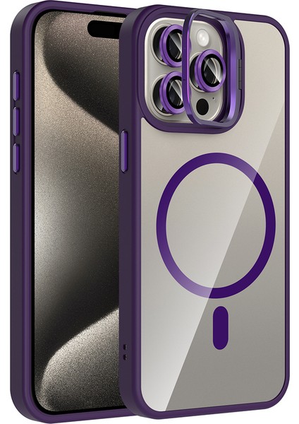 iPhone 15 Pro Max Kılıf Standlı ve Kamera Lens Hediyeli M-Safe Şarj Özellikli Kflg Etro Kapak - Deri