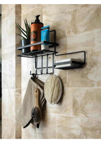 Yapışkanlı Siyah Banyo Düzenleyici Raf, Lamalı Sabunluk Bölmeli Metal Şampuanlık Organizer fiyatları