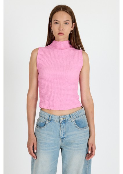 Pembe Bürümcük Kumaş Dik Yaka Kolsuz Bluz 3458 fiyatları