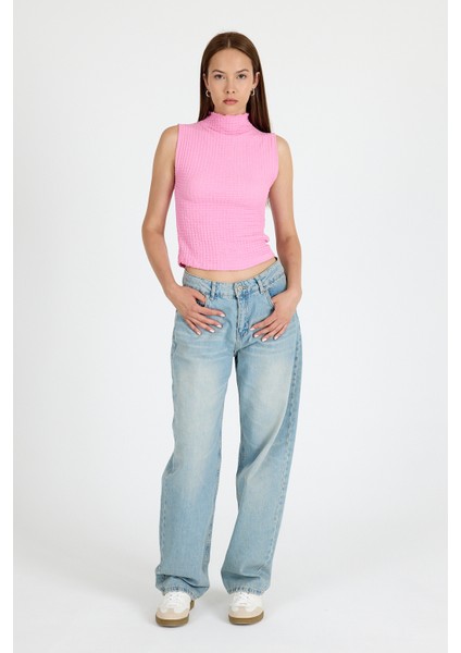 Pembe Bürümcük Kumaş Dik Yaka Kolsuz Bluz 3458 modelleri