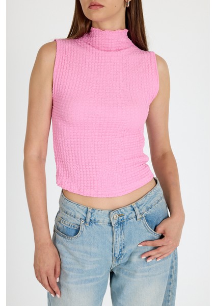 Pembe Bürümcük Kumaş Dik Yaka Kolsuz Bluz 3458 fırsatları