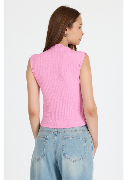 Pembe Bürümcük Kumaş Dik Yaka Kolsuz Bluz 3458 indirimleri