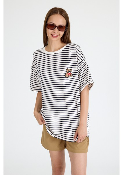 Laci Ayı Nakışlı Çizgili Oversize Tişört 3083 fiyatları