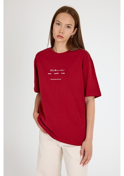Bordo Bisiklet Yaka Yazı Baskılı Oversize Tişört 5832 fiyatları