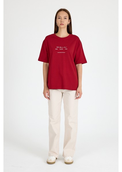 Bordo Bisiklet Yaka Yazı Baskılı Oversize Tişört 5832 modelleri