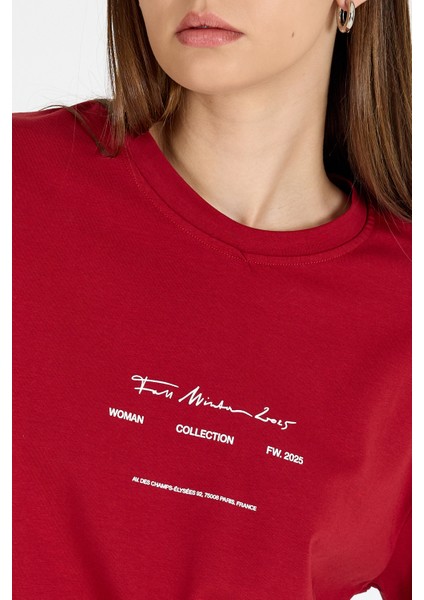 Bordo Bisiklet Yaka Yazı Baskılı Oversize Tişört 5832 fırsatları