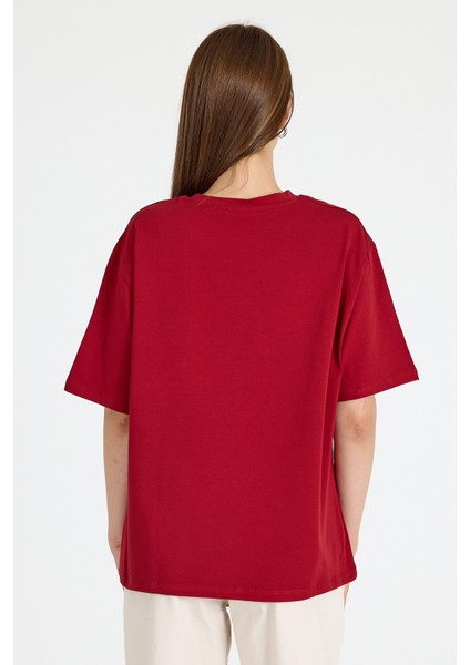 Bordo Bisiklet Yaka Yazı Baskılı Oversize Tişört 5832 indirimleri