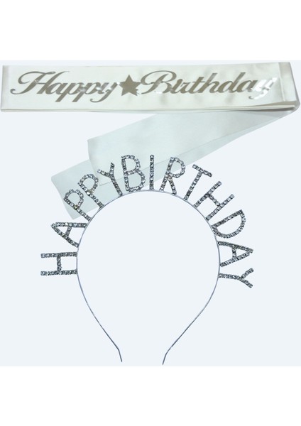 Happy Birthday Yazılı Kuşak ve Taşlı Taç & Beyaz Gümüş Kuşak Taşlı Gümüş Taç