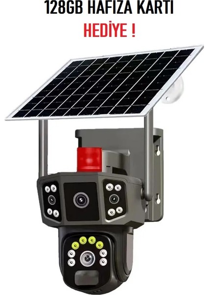 Q8 4g 6mp Solar Kamera 3mp+3mp Dual Lens Güneş Panelli Solar Güvenlik Kamerası 128GB Sd Kart Hediye
