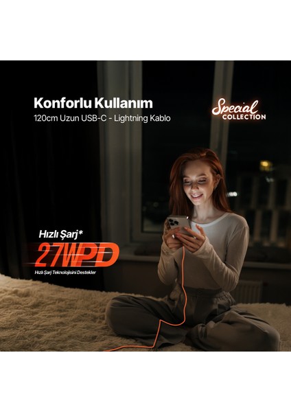 Usb-C - Lightning Hızlı Şarj Kablosu 120CM Neon Turuncu 2DK60NT modelleri