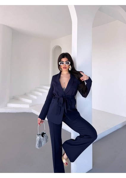 Kadın Ikili Kuşaklı Blazer Ceket Pantolon Takım fiyatları