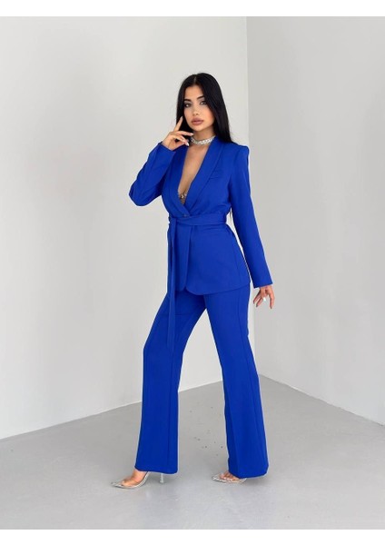 Kadın Ikili Kuşaklı Blazer Ceket Pantolon Takım