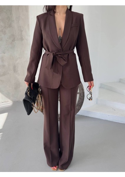 Kadın Ikili Kuşaklı Blazer Ceket Pantolon Takım