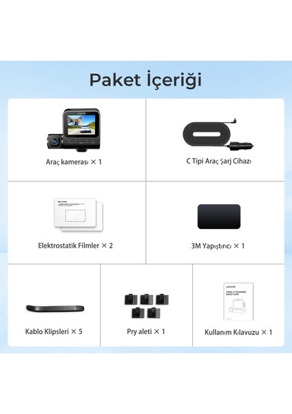 V600 Çift Kameralı Araç Içi Kamera 2.4” IPS Ekran, Su Geçirmez Arka Kamera, Geniş Açı, Gece Görüşü, G-Sensör, 24 Saat Park Modu, (Azdome Türkiye Garantili) indirimleri