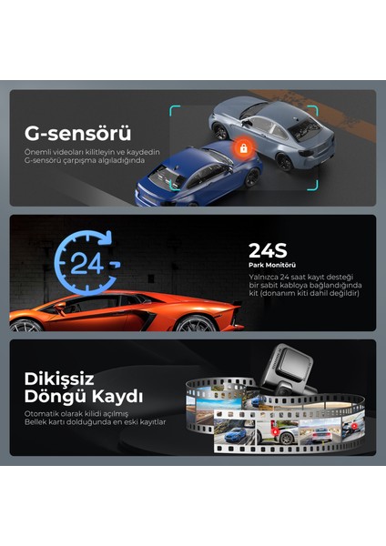 V600 Çift Kameralı Araç Içi Kamera 2.4” IPS Ekran, Su Geçirmez Arka Kamera, Geniş Açı, Gece Görüşü, G-Sensör, 24 Saat Park Modu, (Azdome Türkiye Garantili)