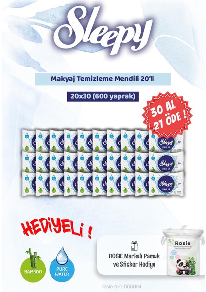 30 Al 27 Öde 20'li Sleepy Makyaj Temizleme Mendili ve Rosie Bebek Pamuğu