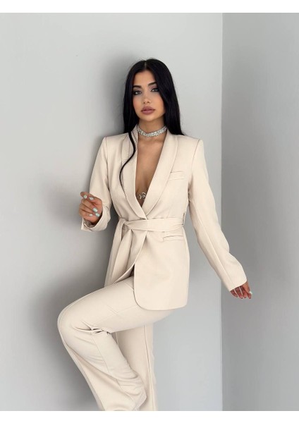 Kadın Ikili Kuşaklı Blazer Ceket Pantolon Takım indirimleri
