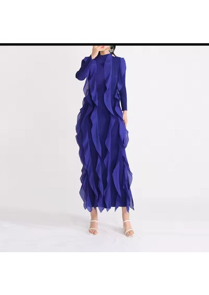Uzun Tül Elbise, Fırfırlı Elbise, Kollu Elbise, Esnek Standart Beden Elbise, Vintage Stil Maxı Boy, Uzun Kollu Yüksek Elastik Flesh Kalkan Fırfır Elbise