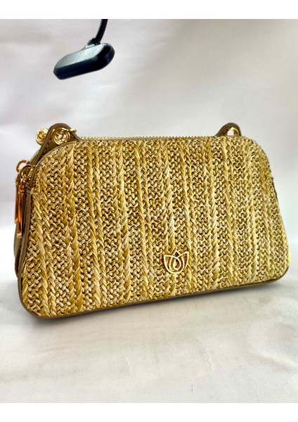 Hasır Detaylı Çift Fermuarlı Kadın Omuz Çantası