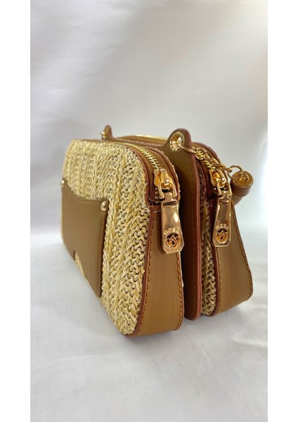 Hasır Detaylı Çift Fermuarlı Kadın Omuz Çantası fırsatları