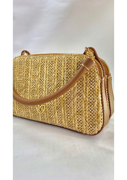 Hasır Detaylı Çift Fermuarlı Kadın Omuz Çantası indirimleri