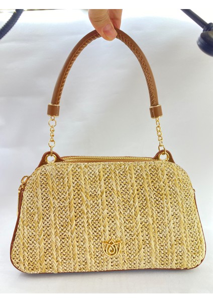 Hasır Detaylı Çift Fermuarlı Kadın Omuz Çantası