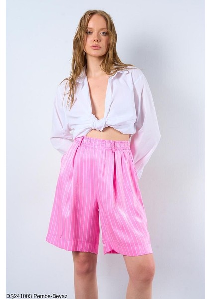 Desenli Trend Pembe-Beyaz Şort