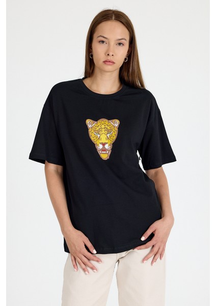 Siyah Kaplan Baskılı Oversize Tişört 6887