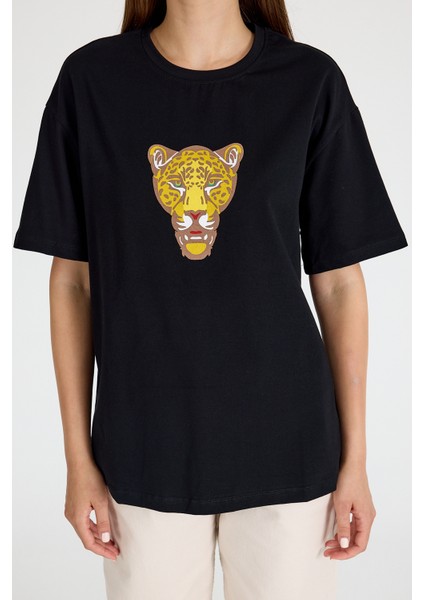 Siyah Kaplan Baskılı Oversize Tişört 6887 fiyatları
