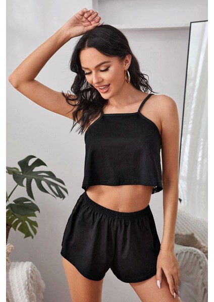 Kadın Siyah Arkası Komple Dantel Şortlu Gecelik Takım fırsatları