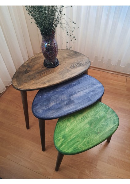 % 100 Doğal Masif Ahşap Karabiber Renk Asimetrik Form Üçlü Zigon Sehpa Takımı