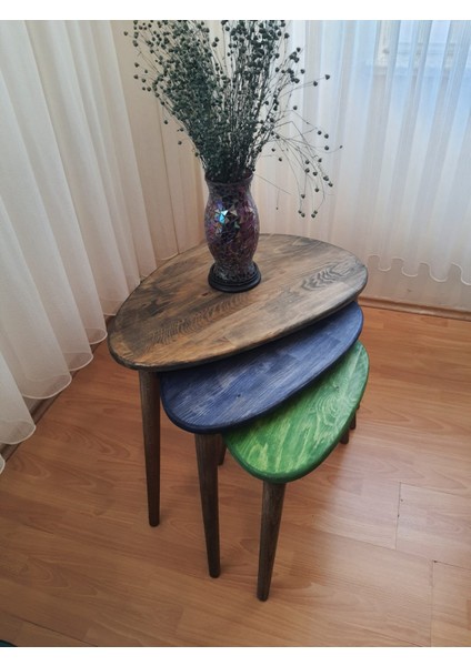 % 100 Doğal Masif Ahşap Karabiber Renk Asimetrik Form Üçlü Zigon Sehpa Takımı