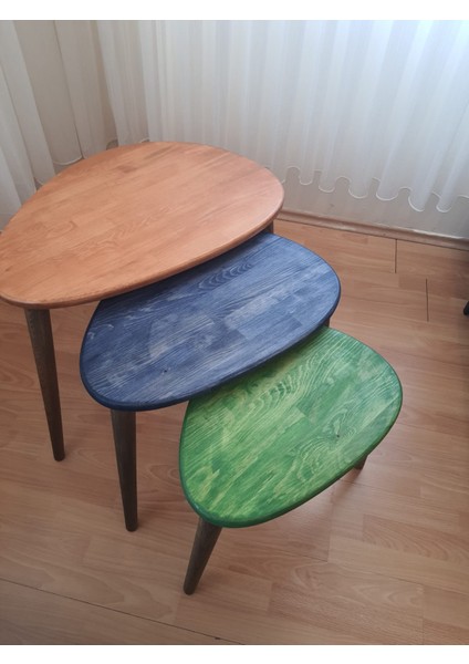 % 100 Doğal Masif Ahşap Karabiber Renk Asimetrik Form Üçlü Zigon Sehpa Takımı