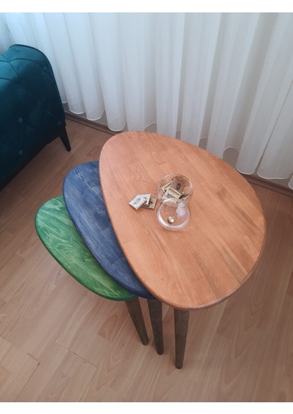 % 100 Doğal Masif Ahşap Karabiber Renk Asimetrik Form Üçlü Zigon Sehpa Takımı