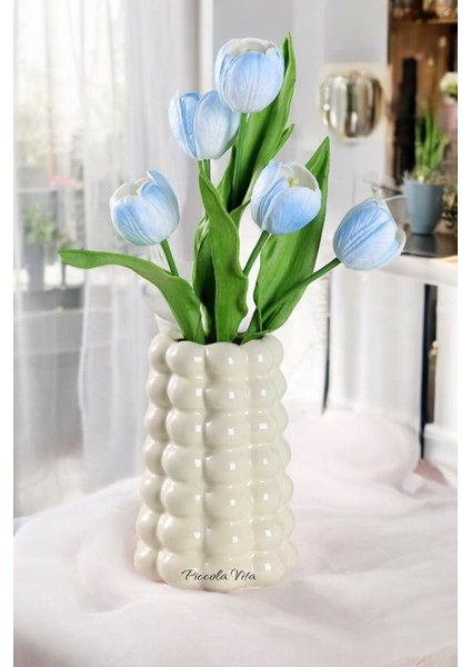 Parlak Beyaz Vazo | Modern Tasarım Baloncuklu Konik Vazo | Parlak Vernikli 17 cm