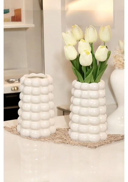 Parlak Beyaz Vazo | Modern Tasarım Baloncuklu Konik Vazo | Parlak Vernikli 17 cm modelleri