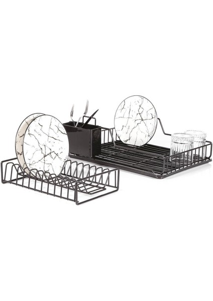 Iki Katlı Siyah Paslanmaz Modüler Tabaklık ve Bulaşıklık Seti