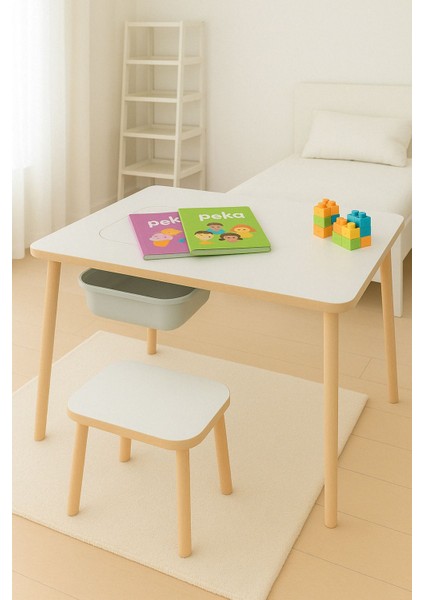 Çocuk Çalışma Oyun Etkinlik ve Aktivite Masası Tek Tabureli Sepetli Mdf Ahşap