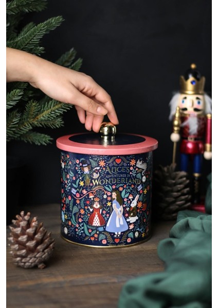 Desenli Yuvarlak Metal Saklama Kabı, 14X15CM, 2.1l, Mavi