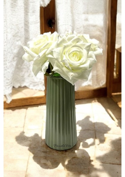 Uzun Çizgili Parlak Dekoratif Vazo | Seramik Hammalzemeli Vazo 18X9X9