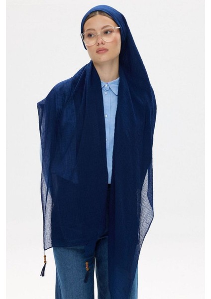 Freya Müslin Lacivert Püsküllü Bürümcük Pamuklu Şal