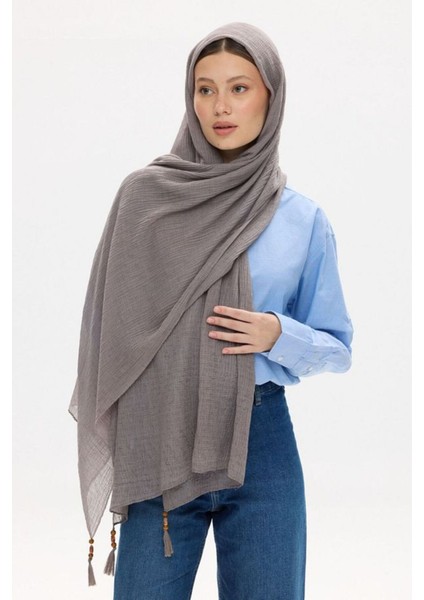 Freya Müslin Antrasit Püsküllü Bürümcük Pamuklu Şal
